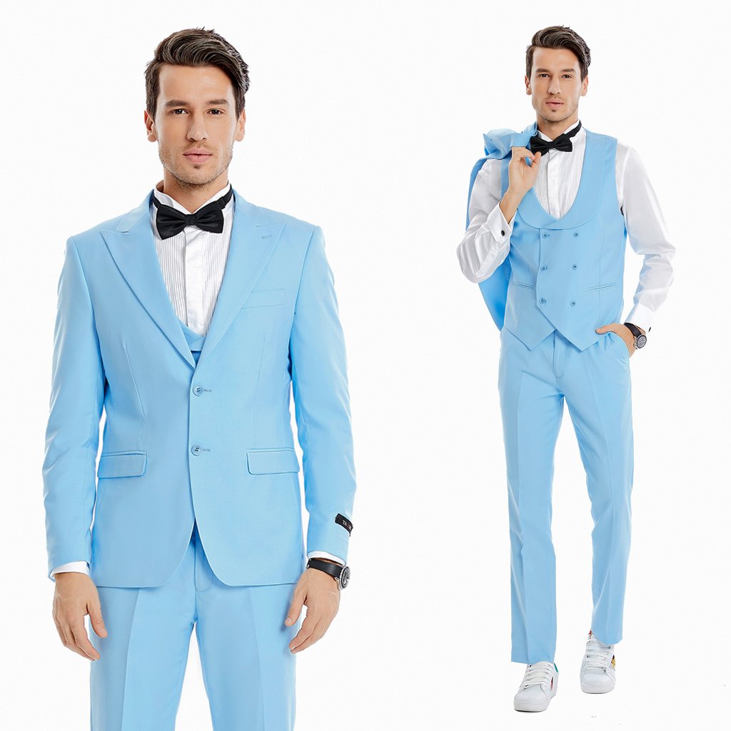 Sky Blue Mens Suit Skinny Fit 3pc W Double Breasted Vest By Tazzio